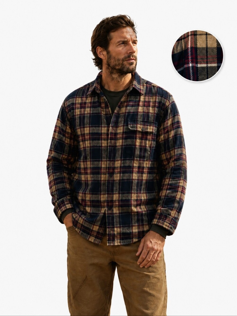 G.H. Bass & Co. Navy/ Burgundy/Tan Plaid Warm Fleece Lined Shirt Shacket Sz XL